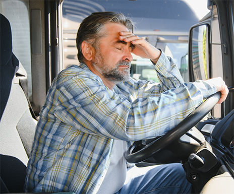Tired man sitting in the driver's seat of a bus